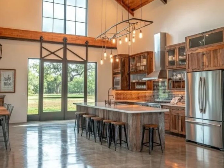 Modern barndominium design with a chef's kitchen and large island