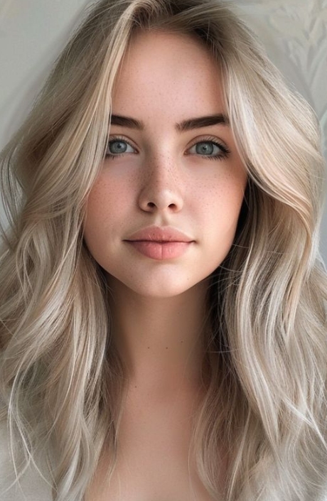 Woman with shoulder length, champagne blonde hair color
