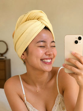 young woman taking a mirror selfie in a butter yellow t-shirt hair towel