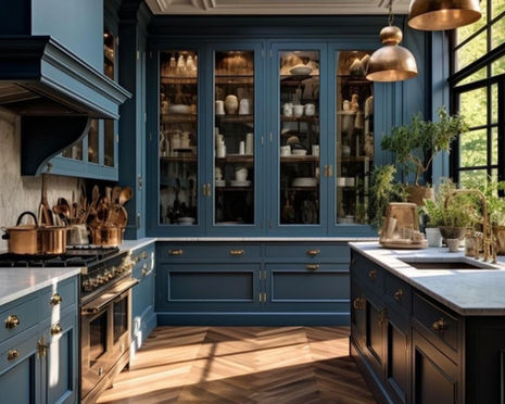 DFW kitchen romedel with custom blue cabinets and trim; island sink