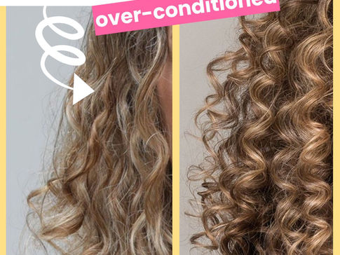 Low porosity hair over-conditioned vs balanced curls showing frizzy, weighed-down hair on the left and bouncy, defined curls on the right
