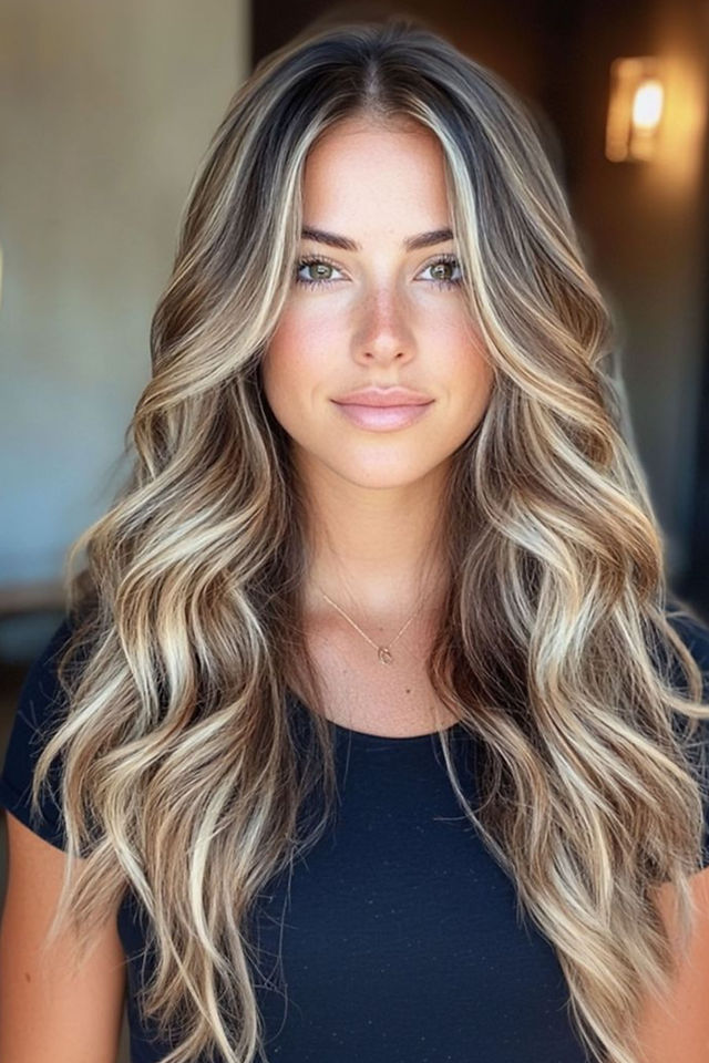 woman with long brunette hair and hand painted blonde balayage highlights