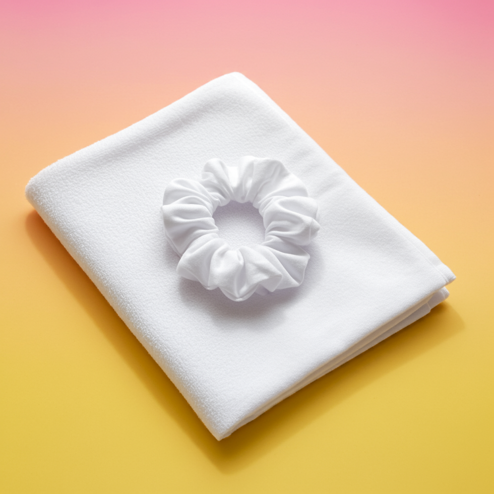 HALO white t-shirt hair towel wrap folded and with a matching white cotton scrunchie