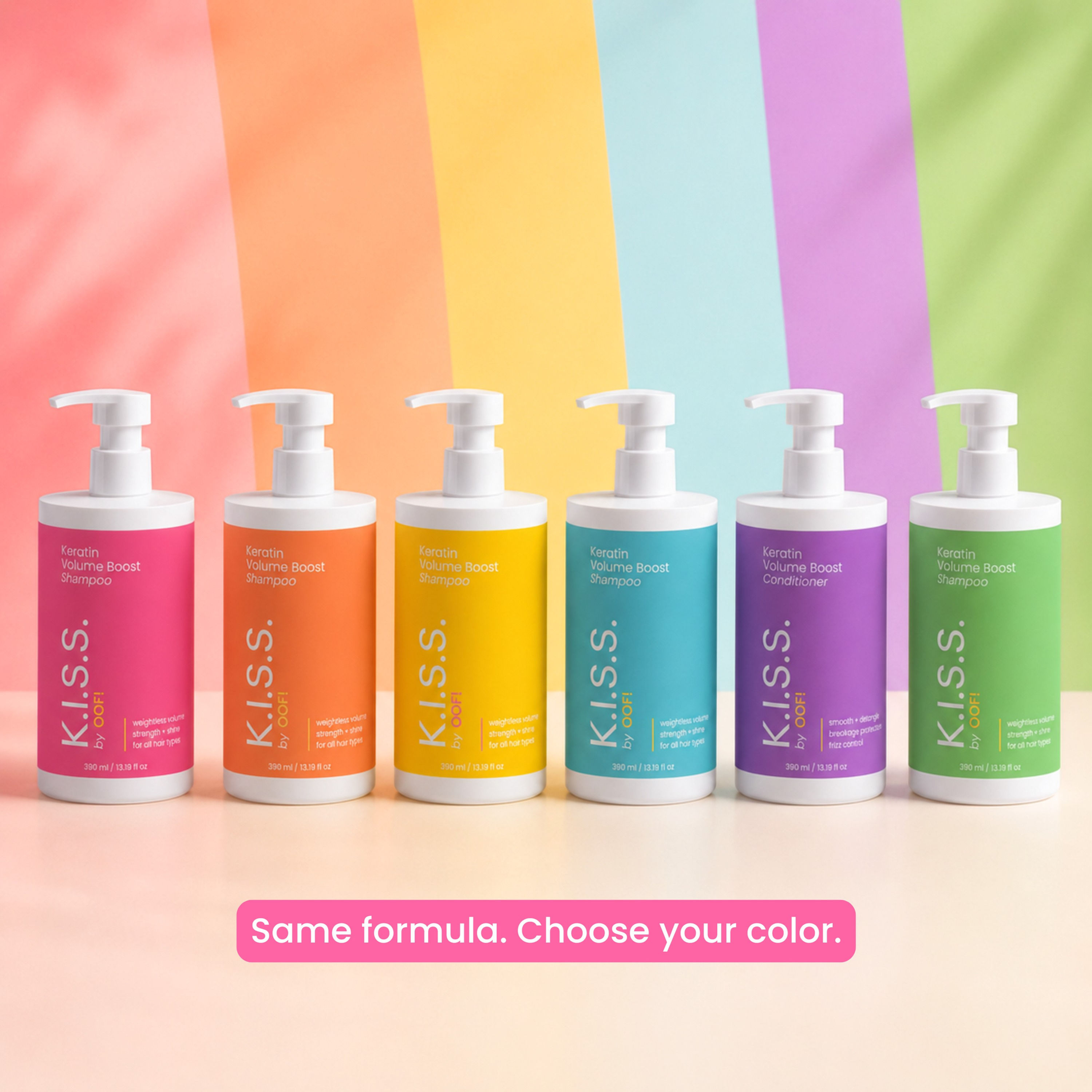 K.I.S.S. by OOF! Vanilla Rosemary Mint Volume Boost Shampoo bottles shown in multiple bottle colors.