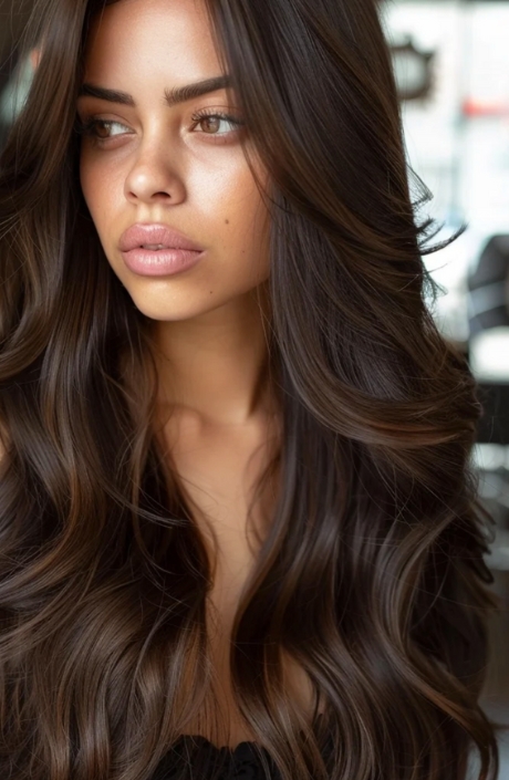 Woman with long, layered Espresso Brown hair color