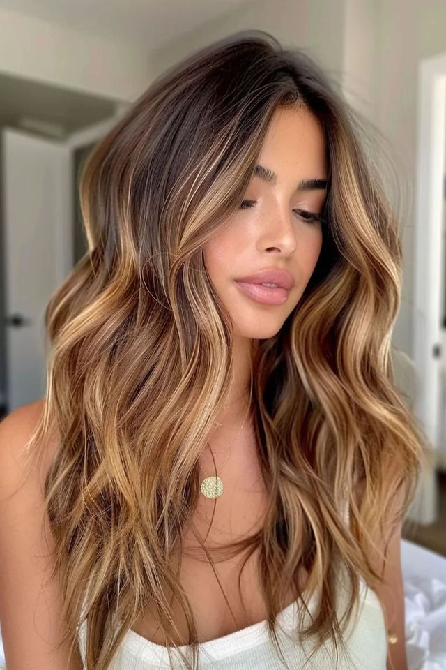 long hair with curls and hand painted warm blonde balayage highlights