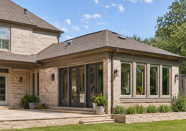 Newly completed rear home addition with matching brick, large windows, and French doors in Dallas-Fort Worth.