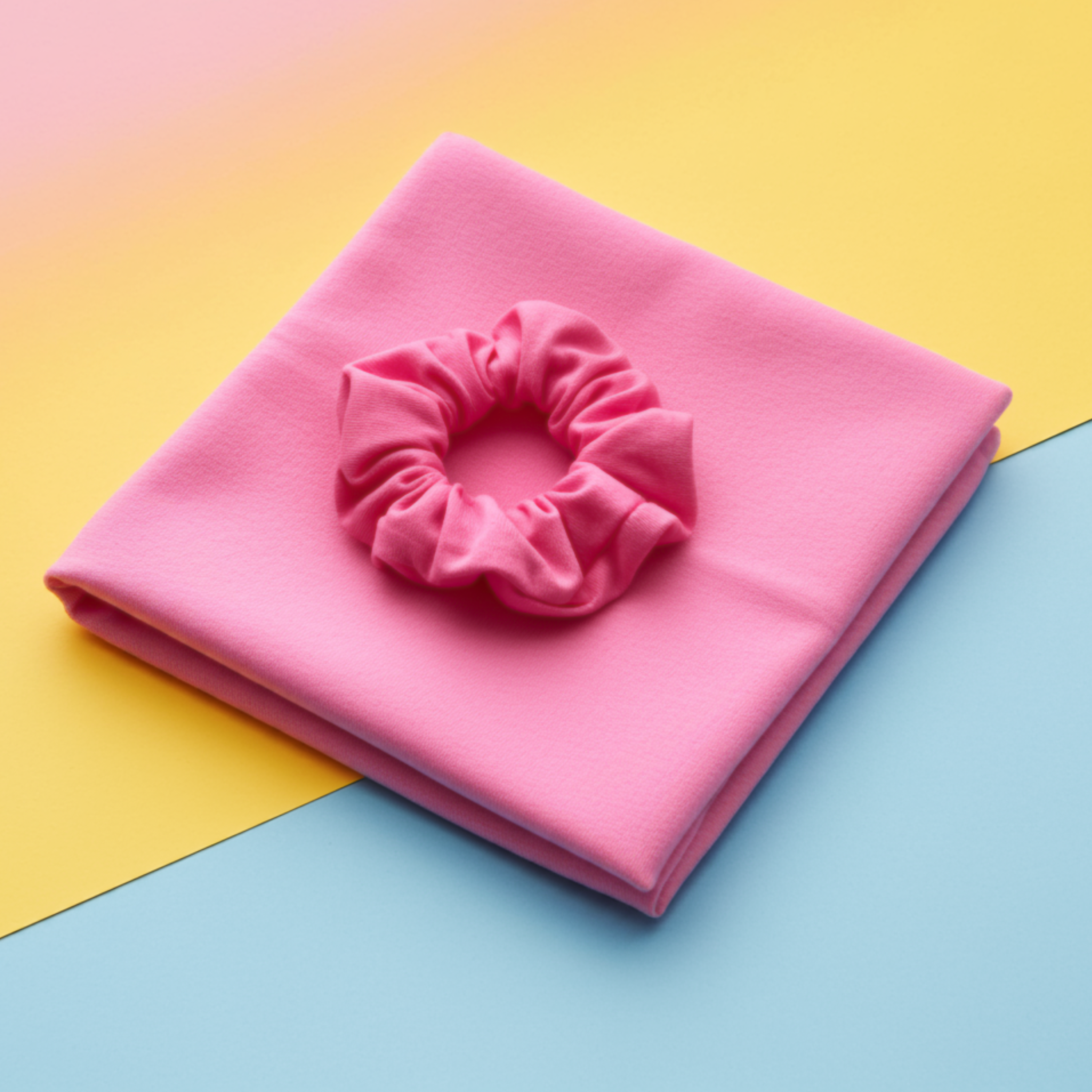a HALO cotton t-shirt hair towel wrap shown folded with a matching pink cotton scrunchie on blue, yellow and pink