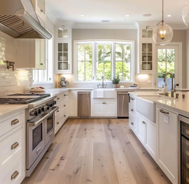 Image of a kitchen with an apron sink and white cabinets