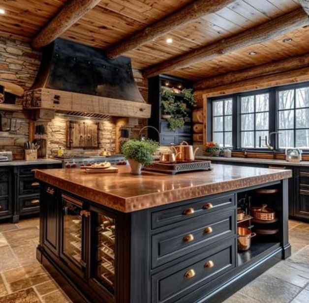 Image of a cabin style kitchen remodel with wood beam roofing and black cabinetry