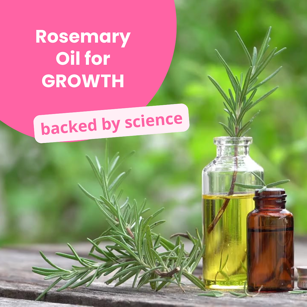 a bottle of rosemary oil with rosemary sprigs in and around it in an outdoor setting; text: Rosemary Oil for GROWTH backed by science