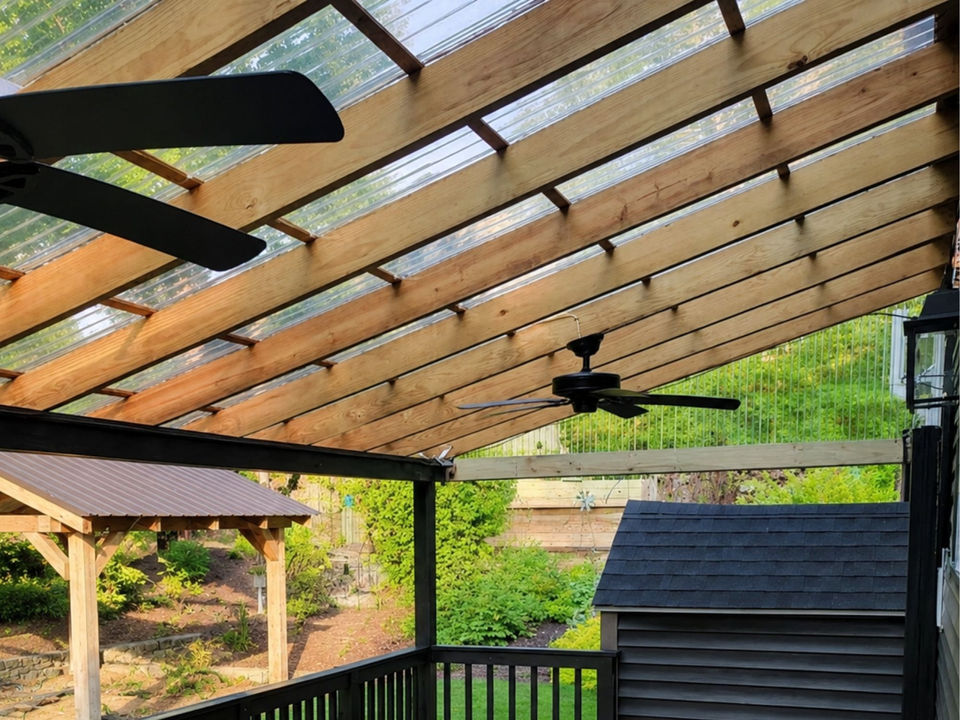 newly constructed pergola style patio cover with clear roof panels