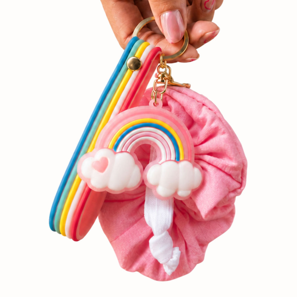 Thumbnail: Hand holding cute, colorful rainbow cloud wristlet keychain with scrunchie
