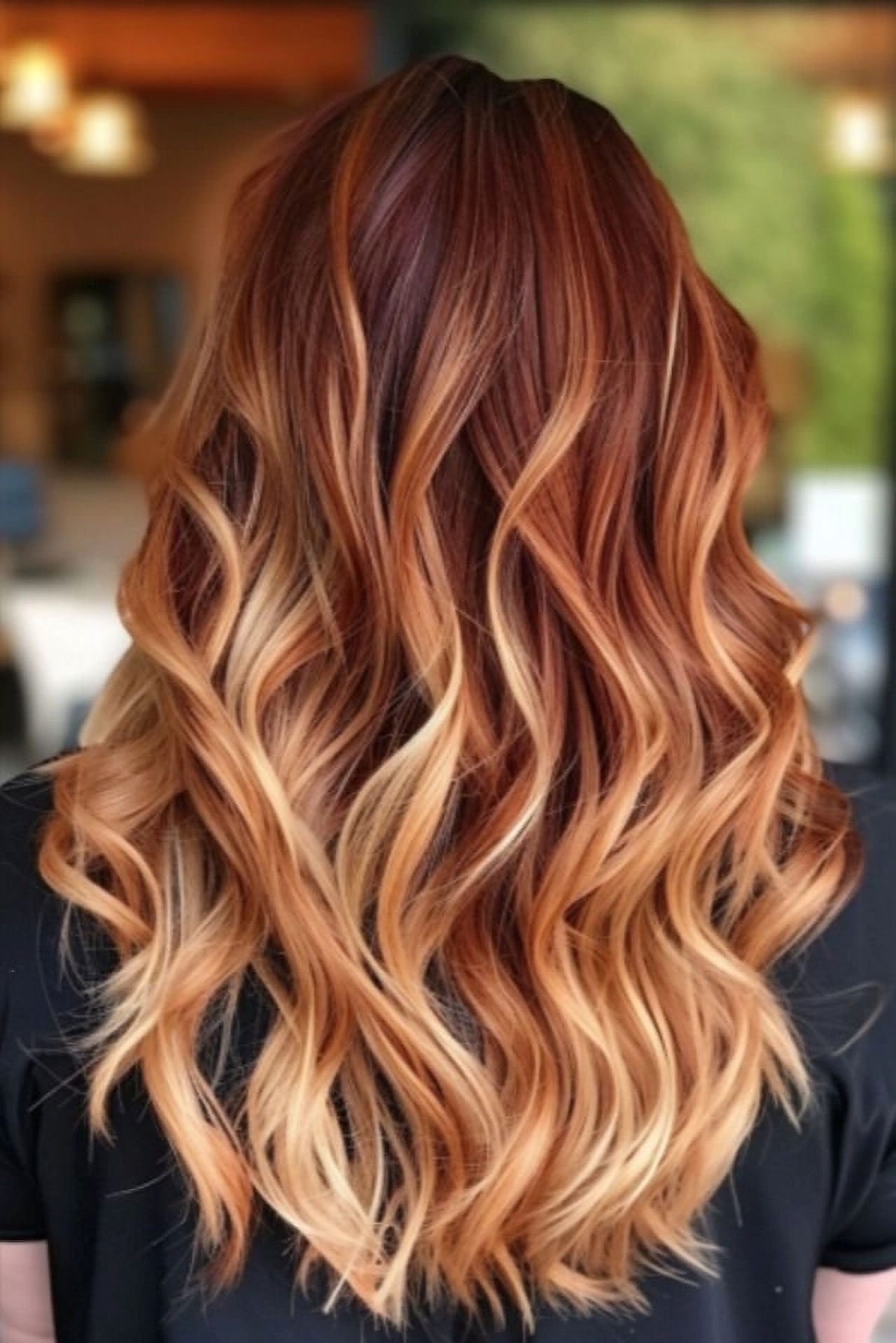 Long ombre hair with hand painted copper balayage highlights