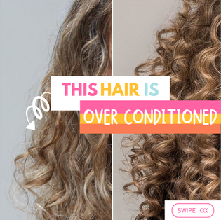 Image of low porosity hair that is over conditioned. The left shows frizzy, weighed down curls; the right, balanced bouncy curls.