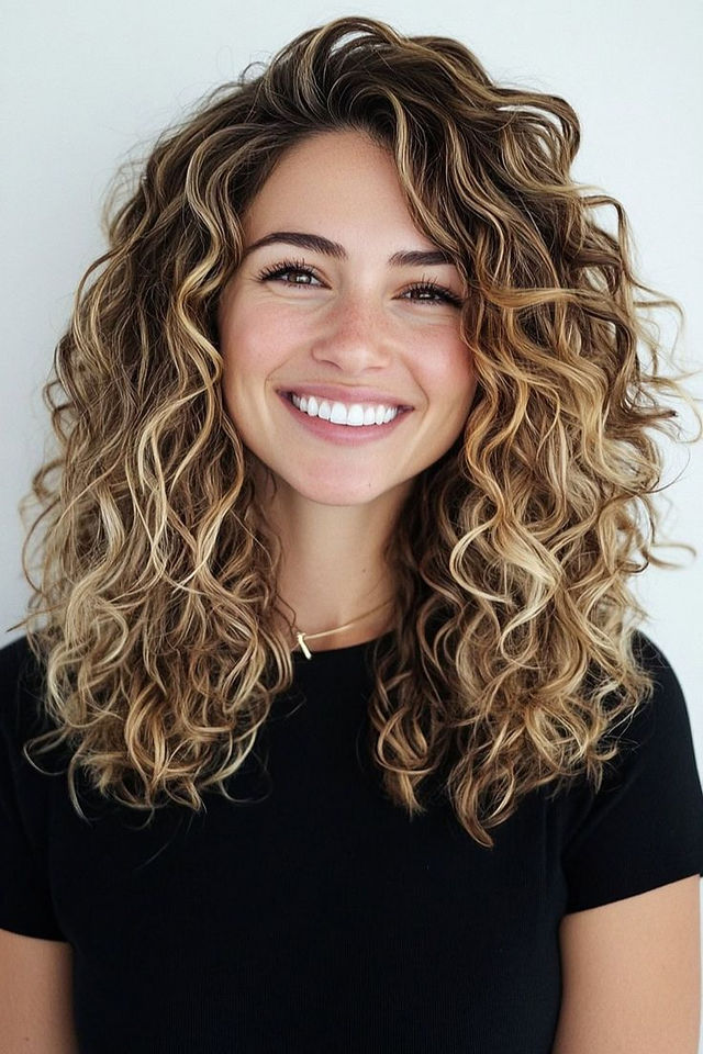 curly brunette hair with hand painted blonde balayage highlights