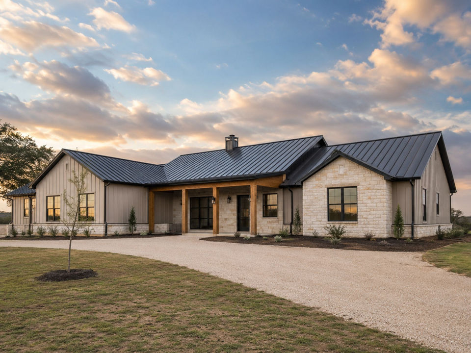 Newly completed barndominium home in North Texas with metal roof, stone accents, and gravel drive.