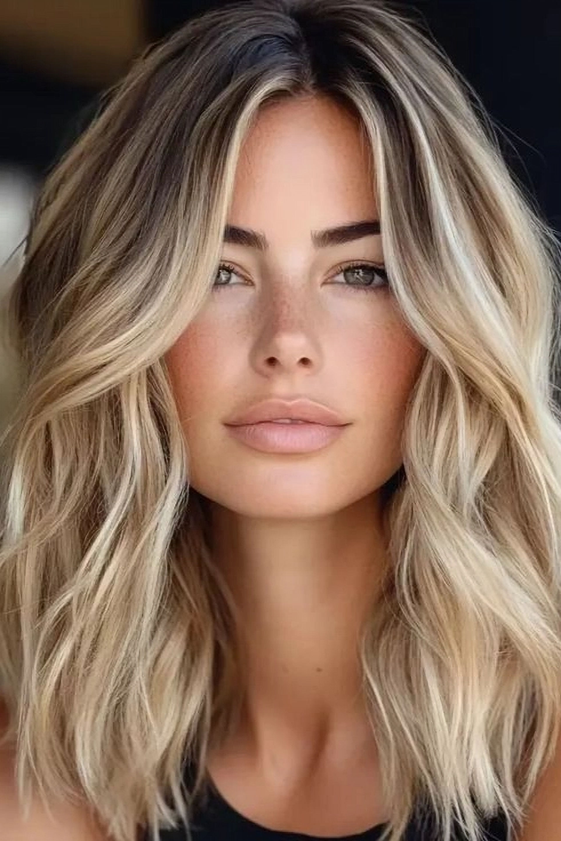 Woman with hand painted golden blonde balayage highlights on darker hair