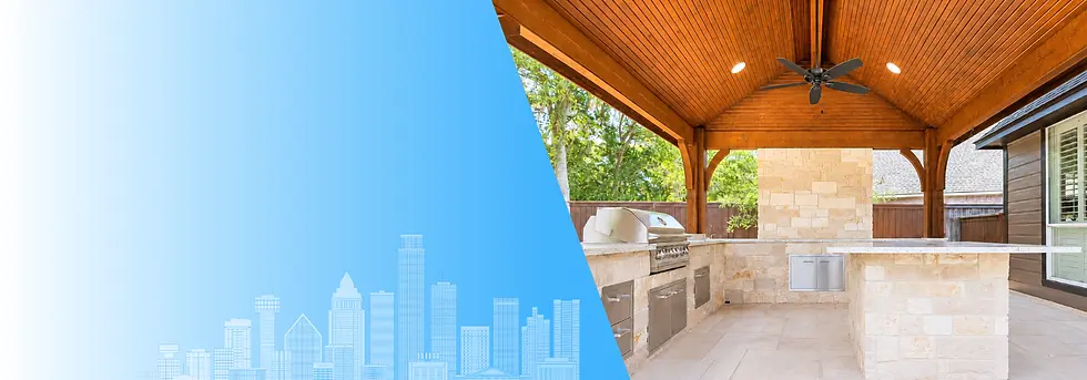 Custom outdoor living space in North Texas with covered patio, outdoor kitchen, seating area, and backyard construction details by Bishop Builders.