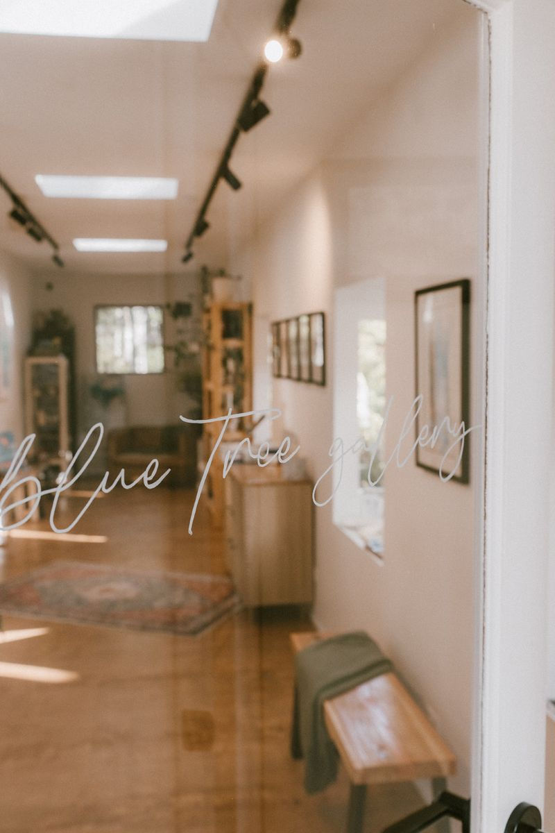 Bright room with wooden floor, track lights, and wall art seen through a glass door, which has "Blue Tree Gallery" handwritten