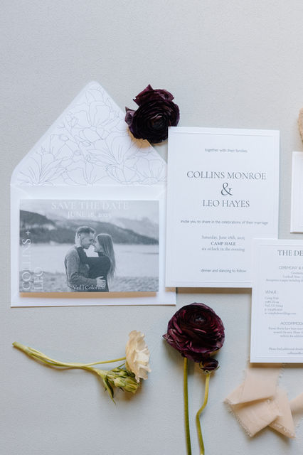 Detailed image of modern and clean semi-custom wedding invitation suite, Collins featuring a blind embossed boarder. 
Save the Date photo by Alyssa Carpenter Photography. 
Stationery photo by Katelyn Bradley Photography.