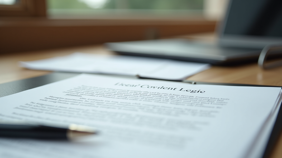 Close-up view of legal documents and a pen on a wooden desk