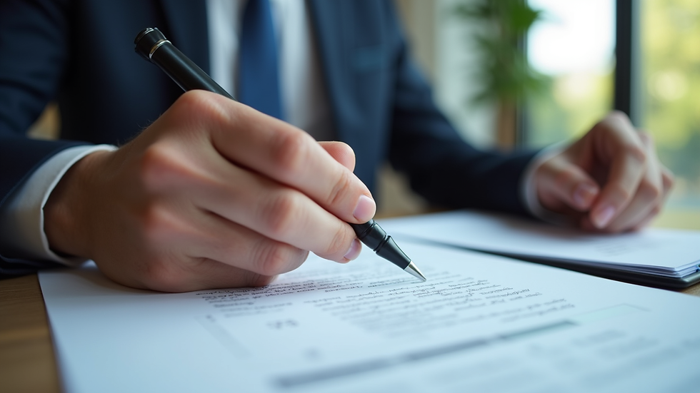 Close-up view of a real estate attorney reviewing property documents