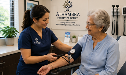 Medical assistant checking elderly patient blood pressure during wellness visit in Coral Gables