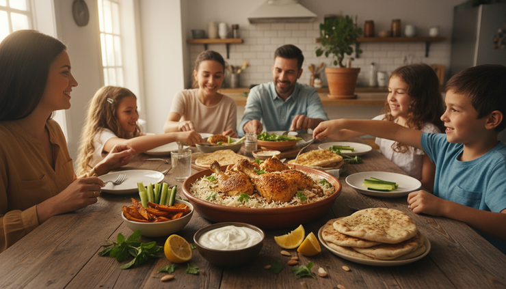 Wide-angle view of dukkah chicken rice bowls with side dishes across a family table.