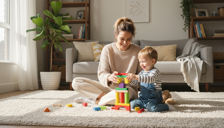 Wide-angle view of a mother sitting on the floor with her child and building blocks