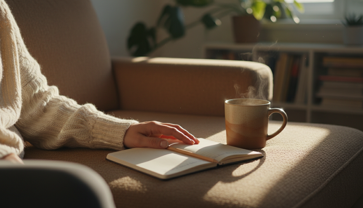 Close-up view of a hand resting beside a notebook and a warm mug