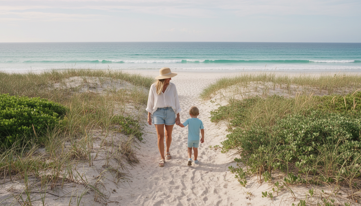 Overhead view of a mother and child walking along a quiet beach path