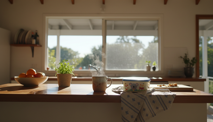 Wide-angle view of a quiet kitchen bench with a mug of tea and a child’s lunch box nearby.