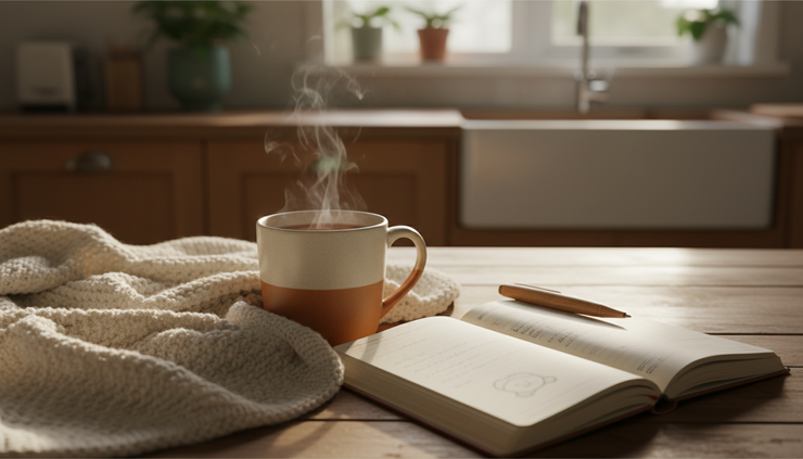 Close-up of a warm cup of tea beside a journal and baby blanket