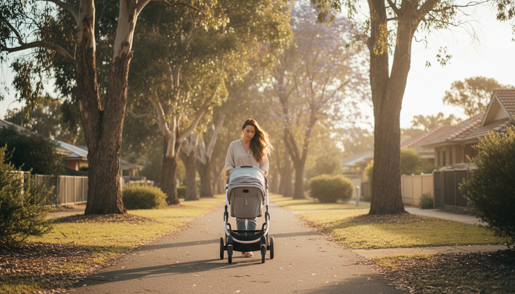 Wide-angle view of a mother walking slowly with a pram along a quiet suburban footpath