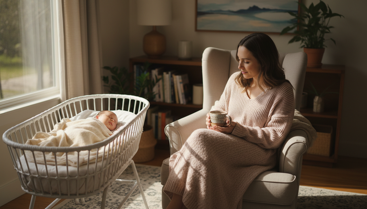 Eye-level view of a mother holding a warm mug beside a sleeping baby.