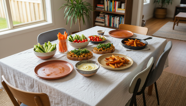 Wide-angle view of open sandwiches served with colourful vegetable sides and yoghurt dip