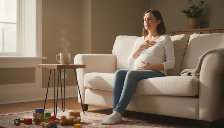 Eye-level view of a mum sitting quietly on a sofa with one hand on her chest.