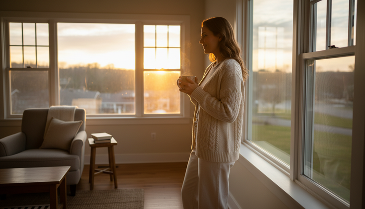 Side view of a mum standing by a window with a warm drink held in both hands.
