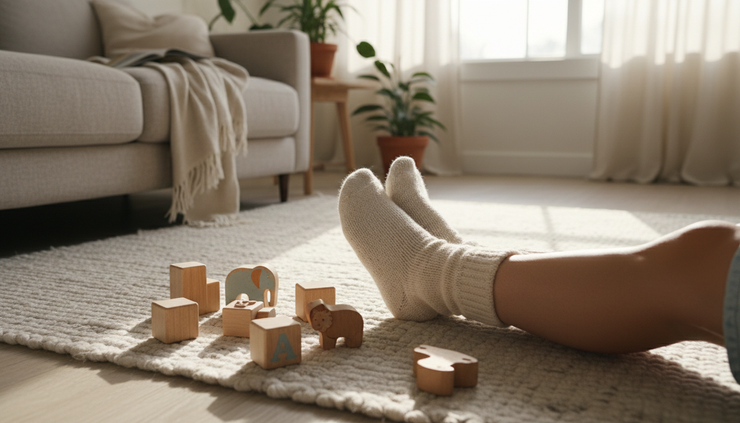 Overhead view of a mum’s feet in soft socks resting on a rug beside scattered children’s blocks.