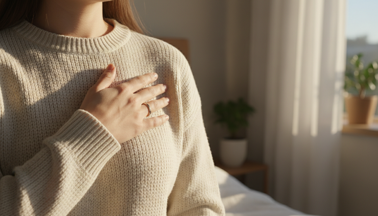 Close-up view of a hand resting gently over a heart while soft morning light comes through a window.