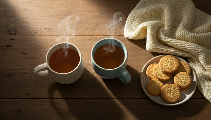 Overhead view of two mugs of tea on a table beside a soft baby blanket