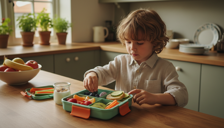 Eye-level view of a child placing colourful fruit and sandwiches into a lunchbox at a kitchen bench