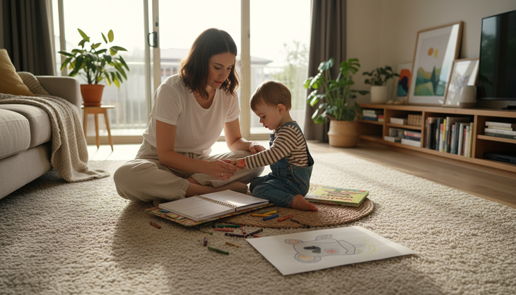 Wide-angle view of a mother and child sitting near a low coffee table with a planner and crayons.