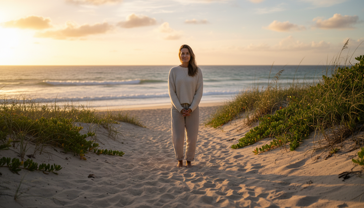 Eye-level view of a person standing peacefully on a quiet beach path at sunset.
