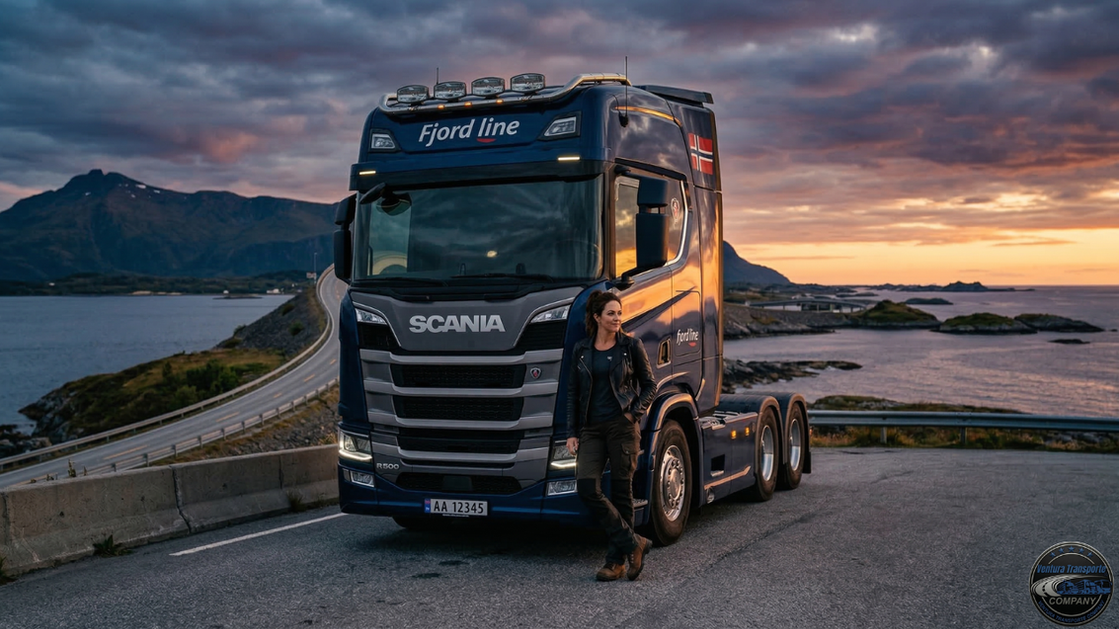 Caminhão Scania azul e mulher em estrada, pôr do sol.