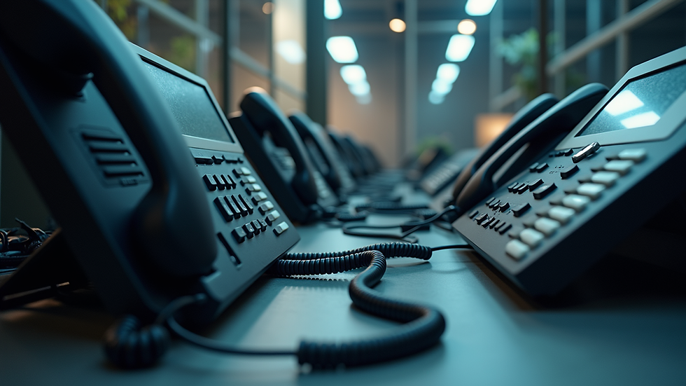 Eye-level view of a telephone system setup with various devices