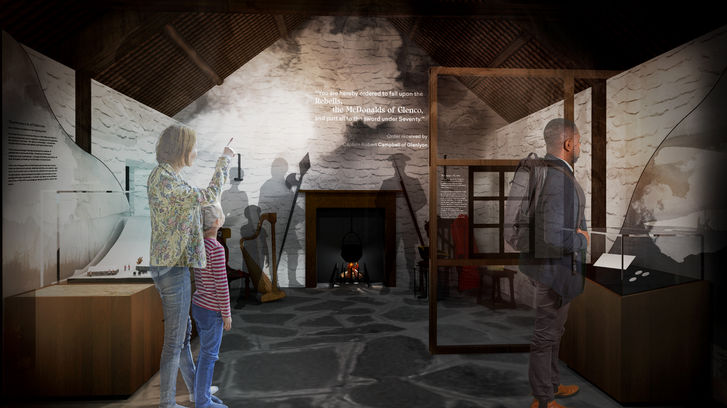 Digital representation of a cottage with displays and visitors.