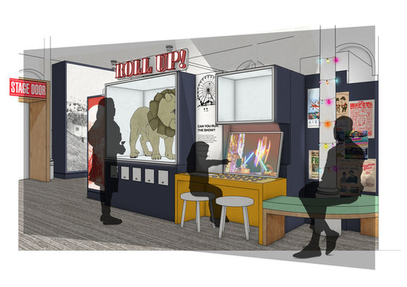 Digital visual of gallery, with silhouette figures engaging with displays including a lion.