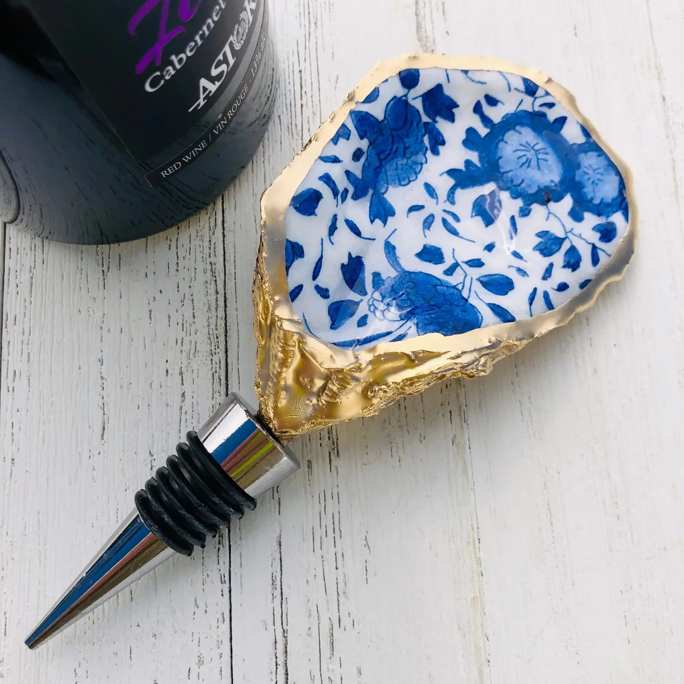 Coastal Blue & White Oyster Wine Stopper